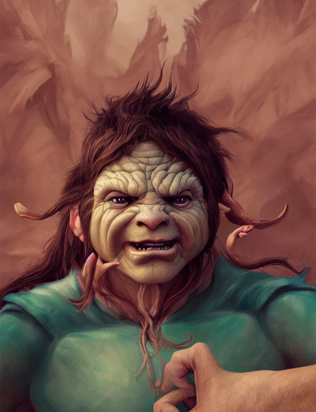 Detailed illustration of green-skinned troll with pointed ears and sharp teeth in desolate landscape