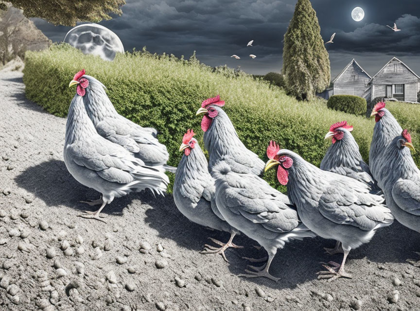 Surreal artwork: Oversized chickens on gravel road with cottage, moon, and cloudy sky