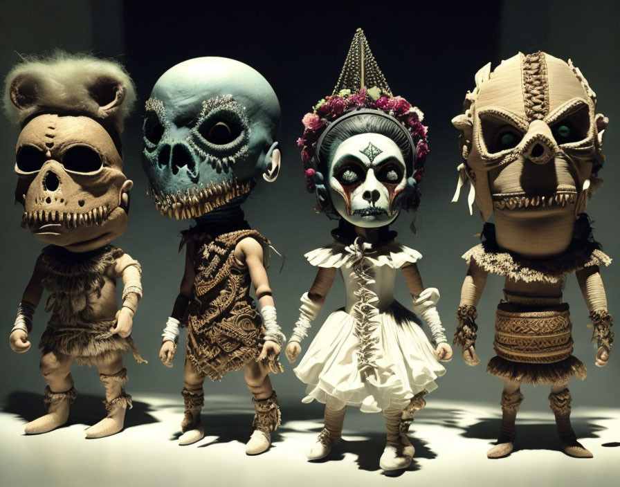 Four tribal-themed skeleton figurines under spotlight on dark background