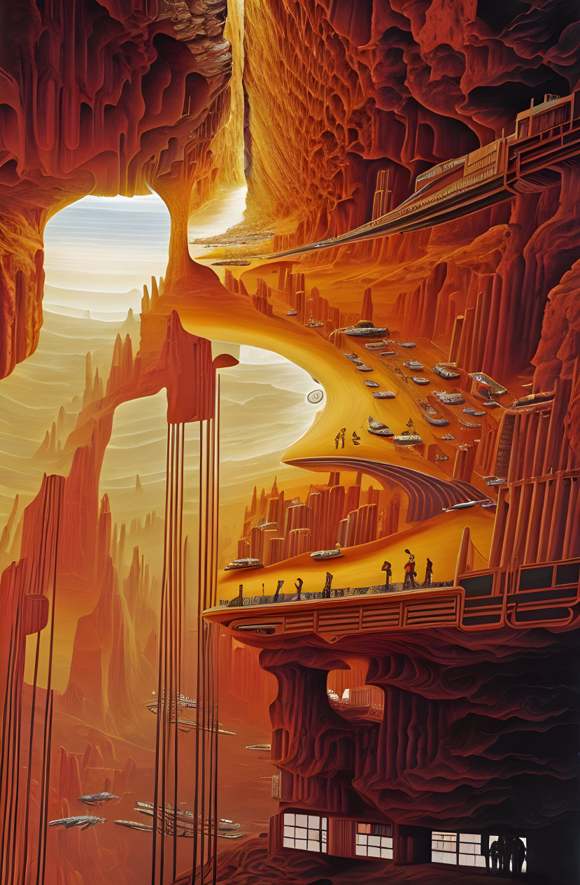 Majestic orange rock formations and futuristic architecture in a fantastical landscape