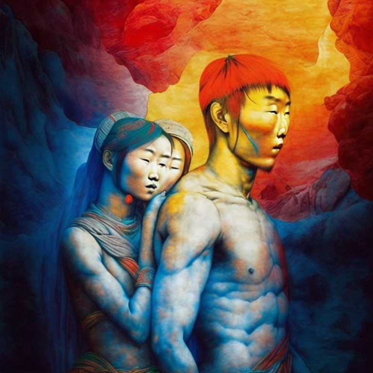 Painted individuals embrace against vibrant backdrop