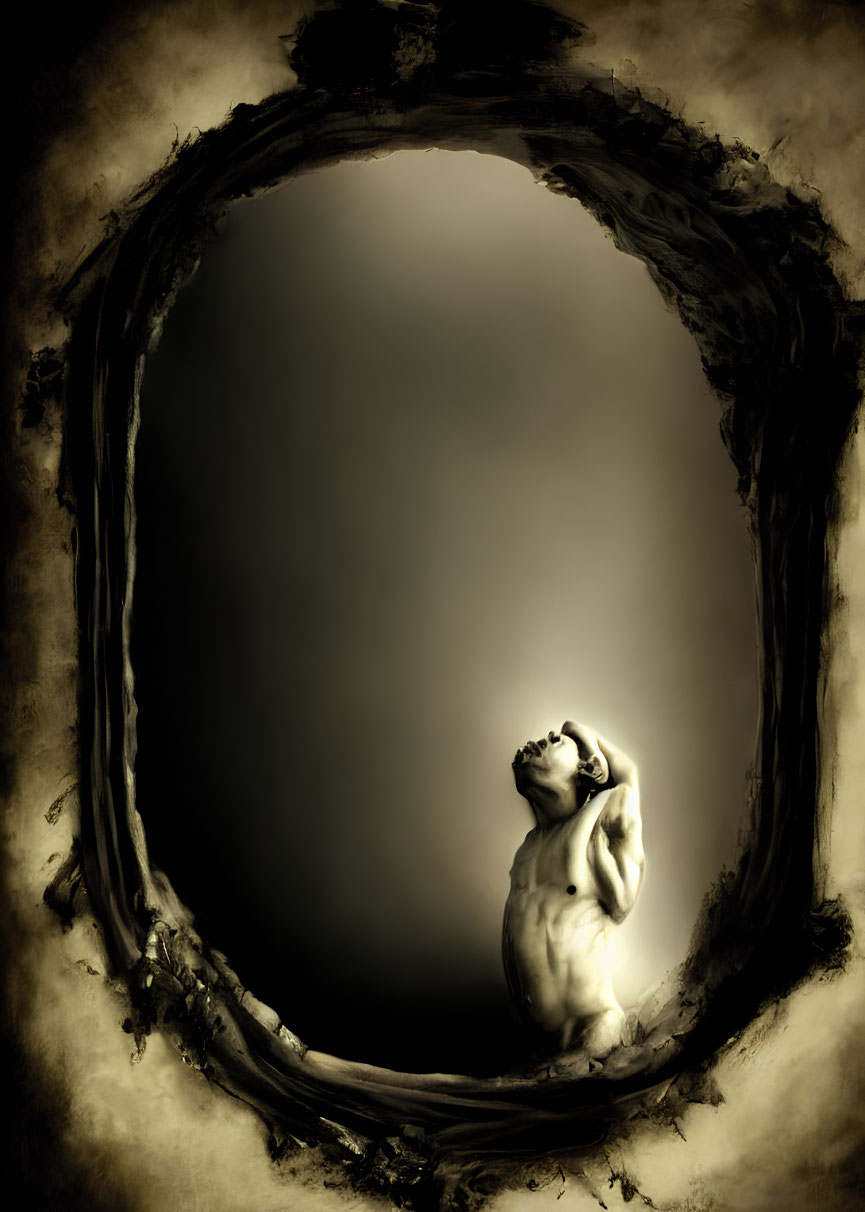 Sorrowful figure sculpture with swirling portal border on ominous backdrop