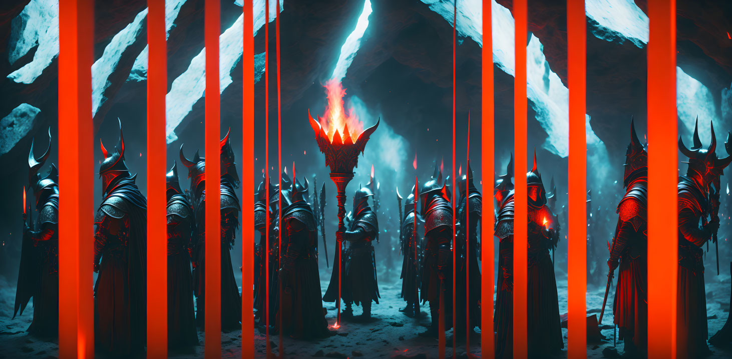 Armored Figures with Glowing Red Eyes in Fiery Torch-lit Cavern