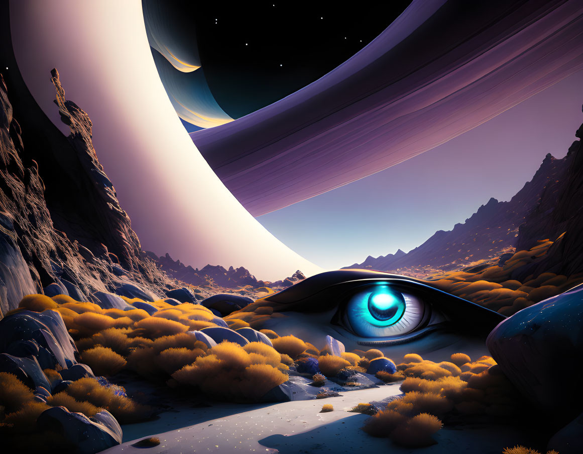 Surreal landscape with colossal eye, alien flora, ringed planet, stars