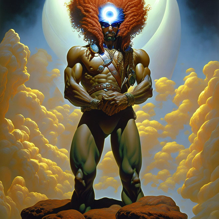 Muscular hero with blue eyes and red hair on rocky outcrop at night