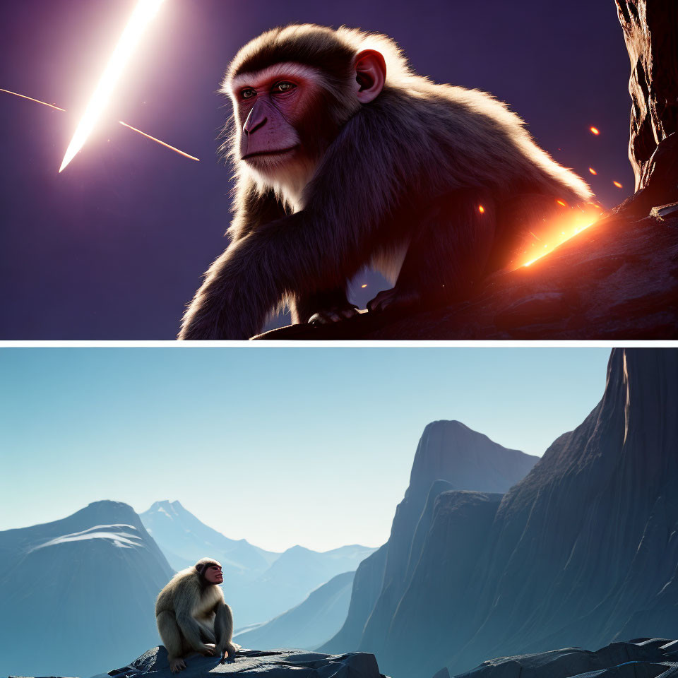 Baboon observing meteor shower and serene mountain landscape