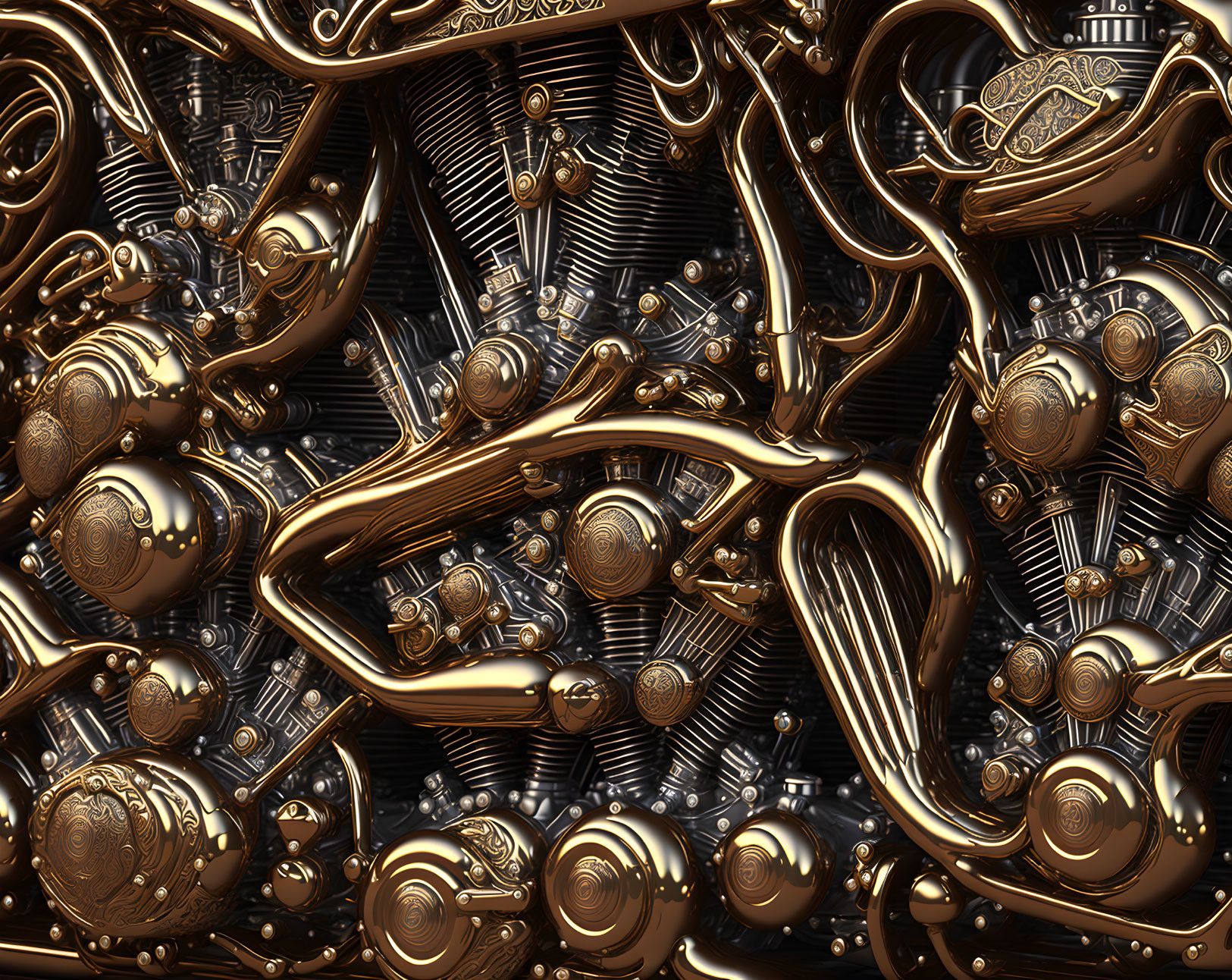 Intricate Gold and Silver Metallic Shapes Entwined in Steampunk Pattern