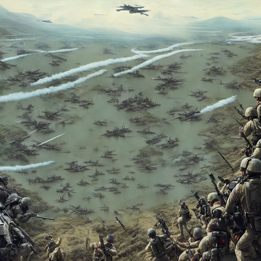 Futuristic soldiers observe aerial battle over hilly terrain