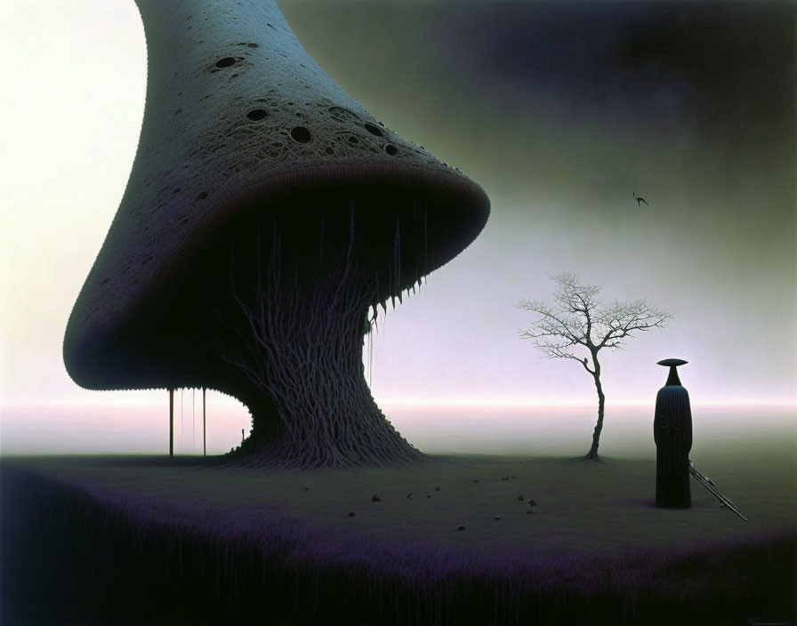 Surreal landscape with giant mushroom, barren tree, figure in cloak, and flying bird