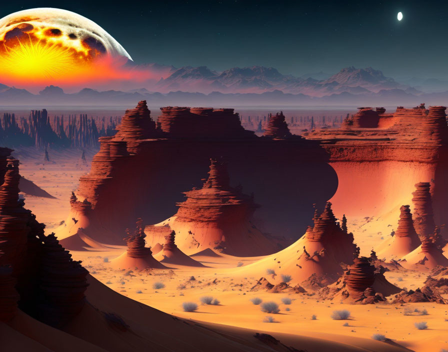 Alien landscape with towering rock formations and large moon