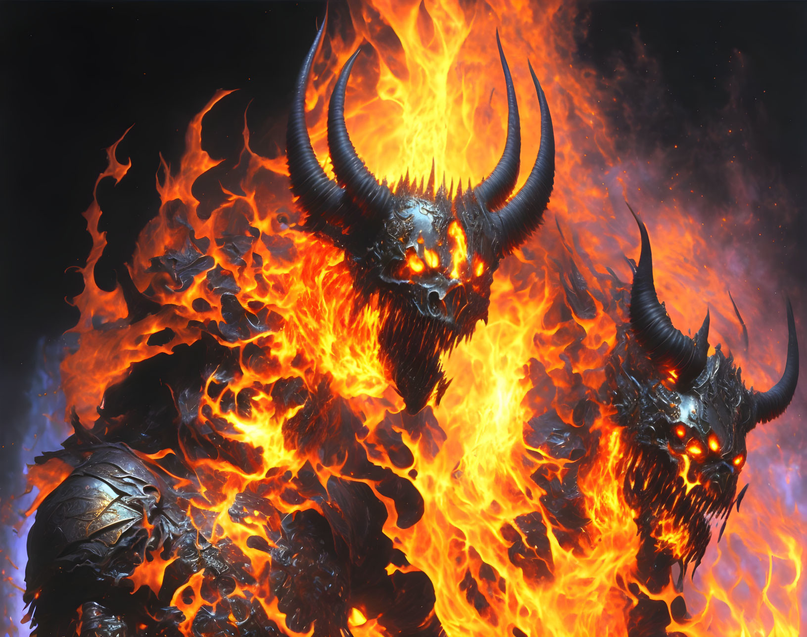 Three demonic horned figures with glowing red eyes in fiery backdrop