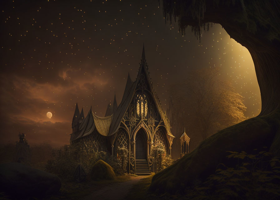 Gothic-style church under starry night sky with warm window glow