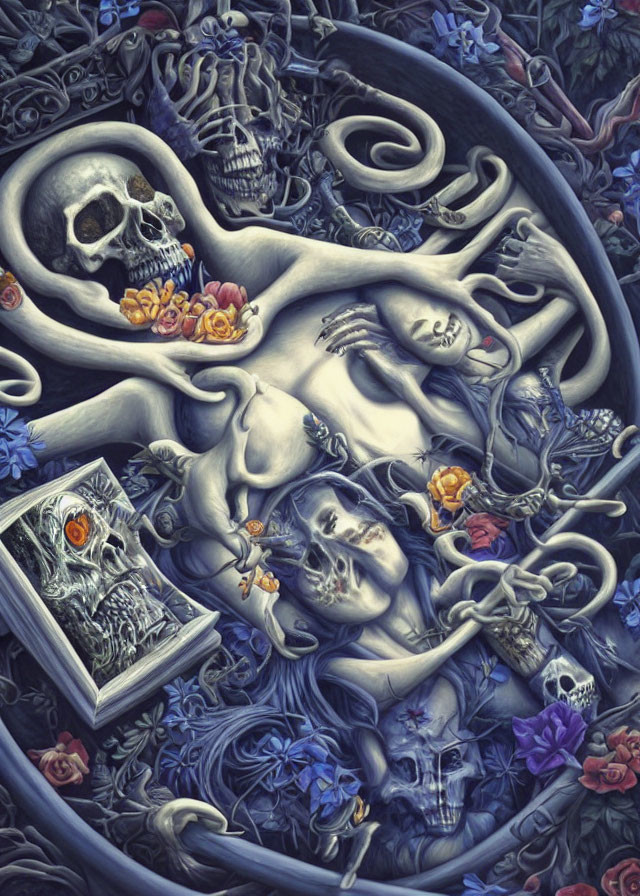 Intricate Gothic Artwork Featuring Human Figures, Skulls, Tentacles, Flowers, and a