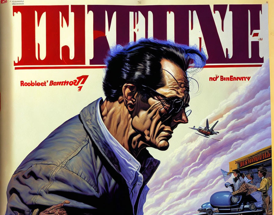 Pensive man in profile with vintage car and plane in classic comic style