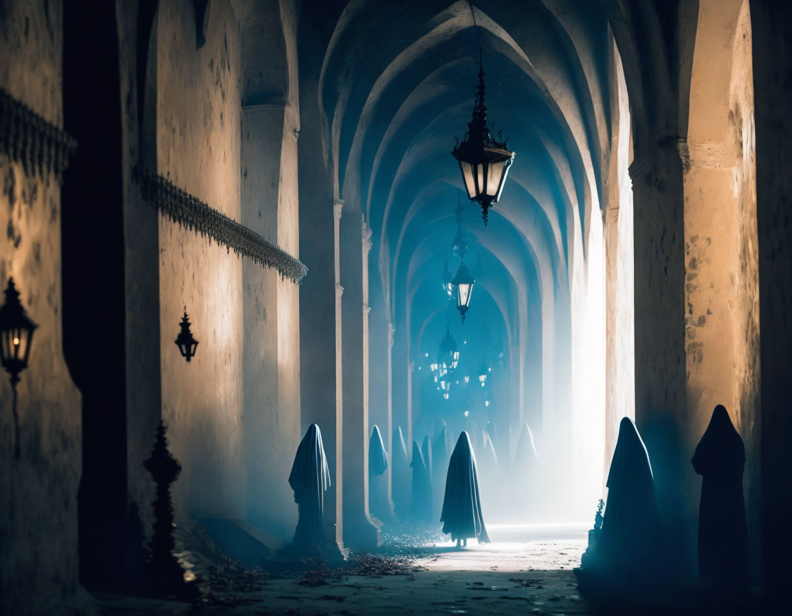 Dimly Lit Arched Corridor with Hanging Lanterns and Figures in Cloaks