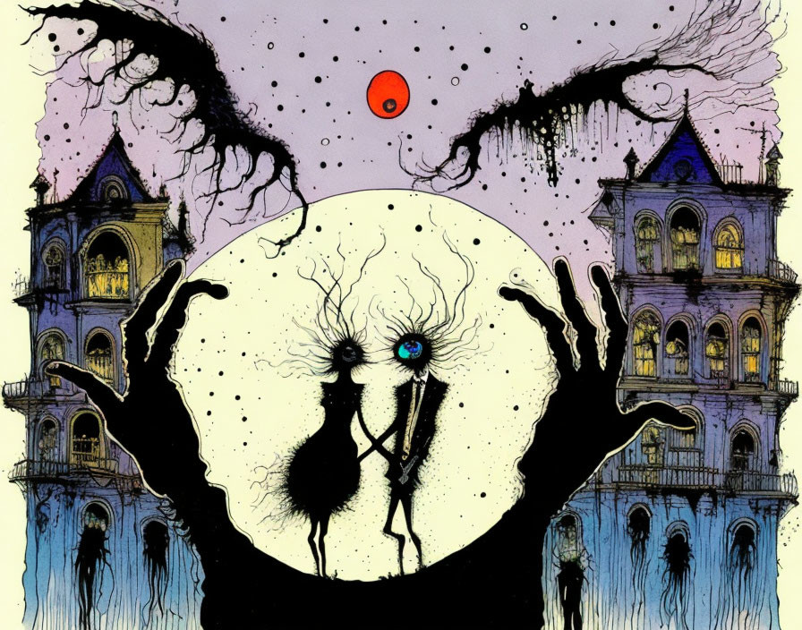 Silhouetted figures under large moon with swirling sky and house