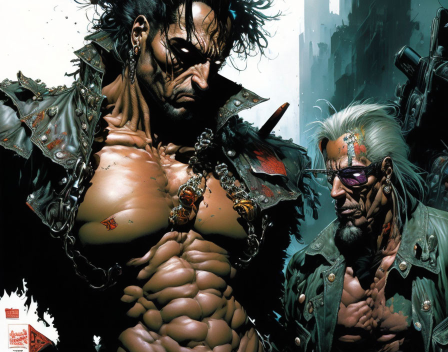 Muscular comic book characters with cybernetic enhancements in dystopian cityscape