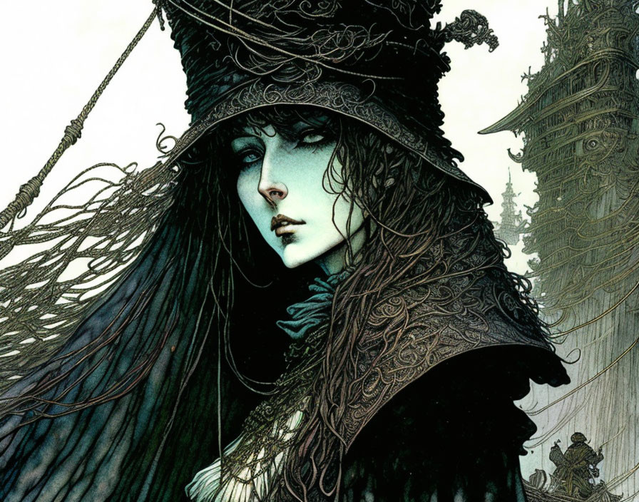 Illustrated woman with pale green skin and black headwear in front of fantastical structure.