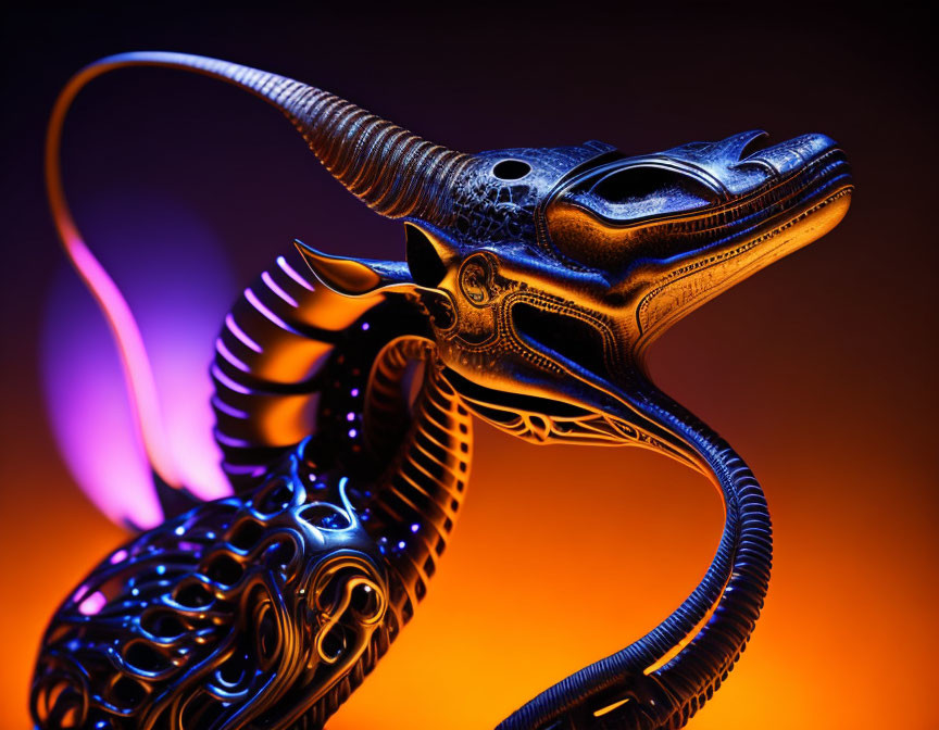 Metallic Dragon Sculpture on Orange and Purple Gradient Background