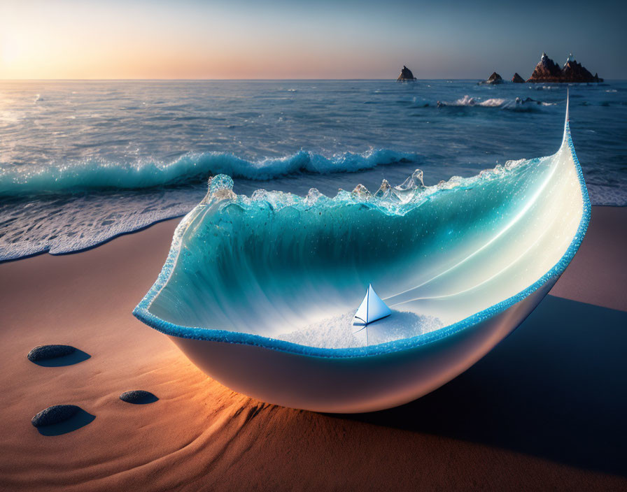 Surreal image: boat on wave in giant shell on sandy beach at sunset