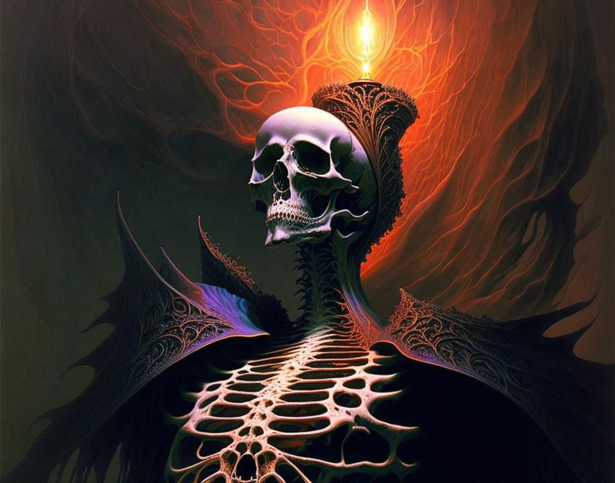 Skeletal figure with candle head in mystical, gothic setting