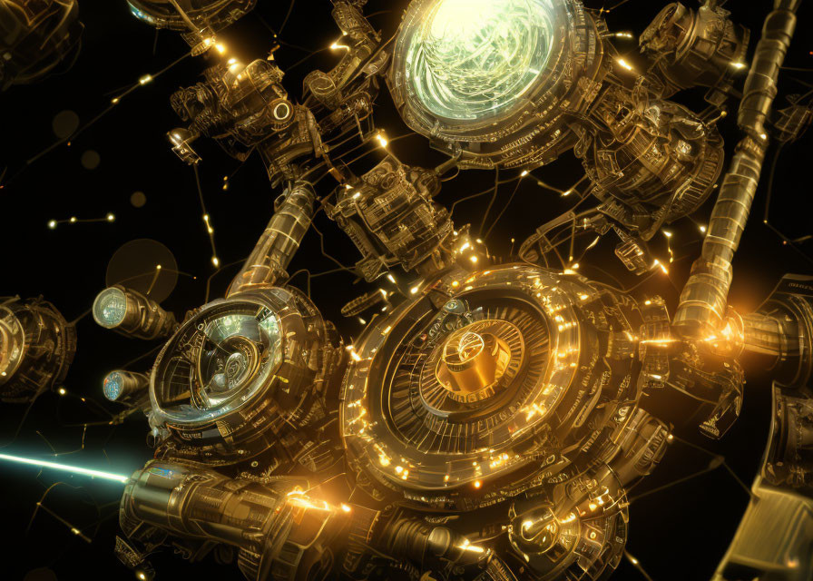 Detailed 3D illustration of futuristic machinery with glowing orbs and intricate interconnecting parts.