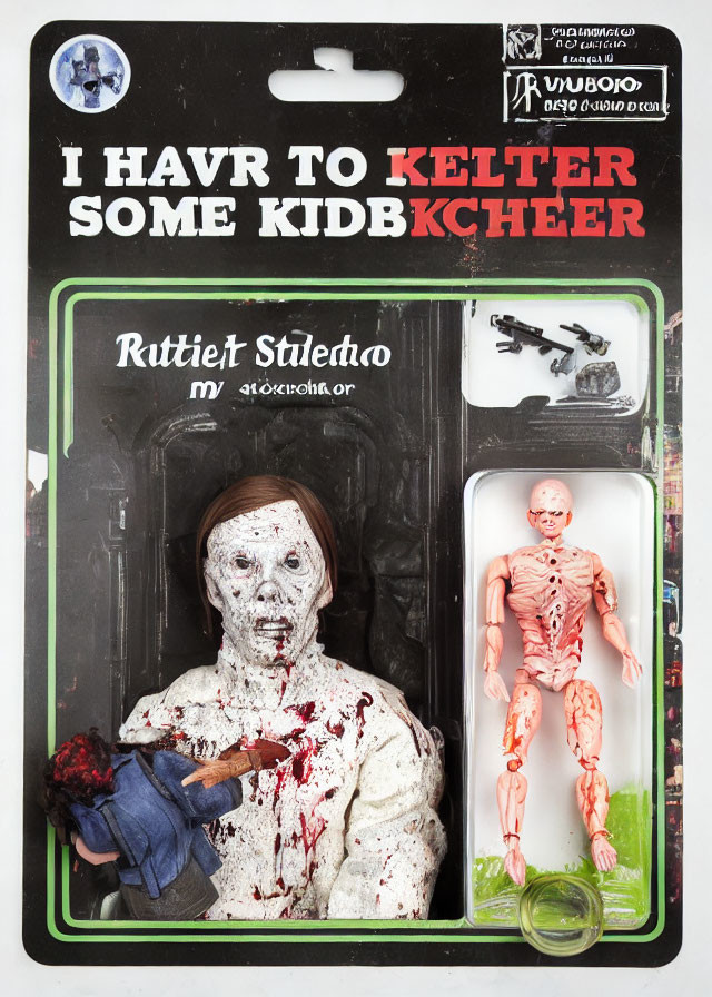 Zombie-themed horror action figure with blood stains, weapon, extra body parts, and handgun.