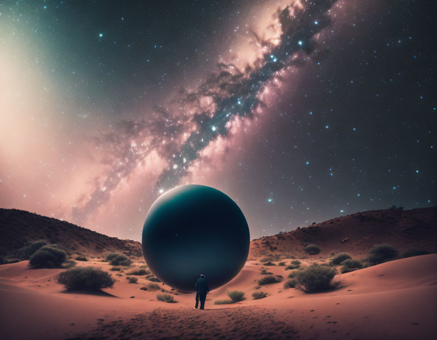 Person gazes at mysterious orb in desert under starry night sky