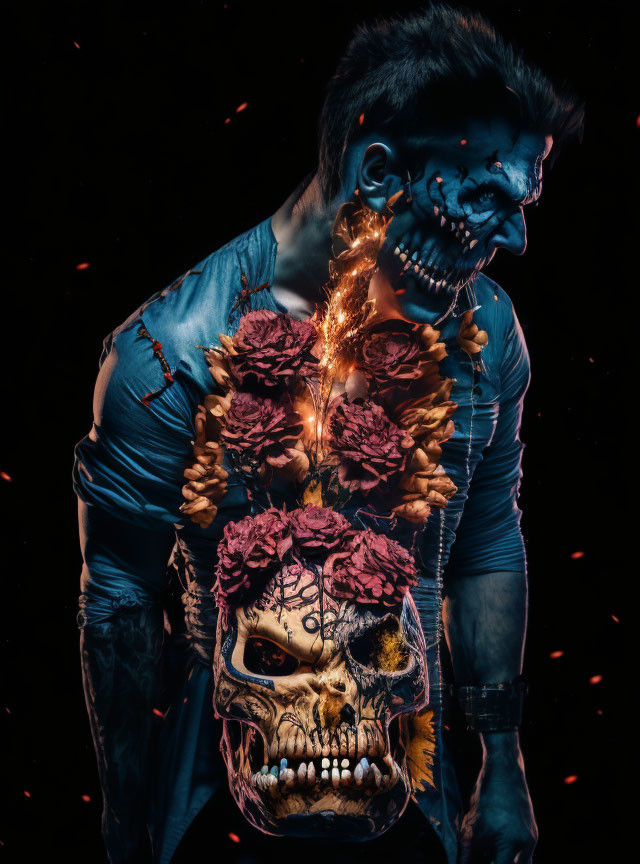 Elaborate skeletal body paint with floral design on dark background