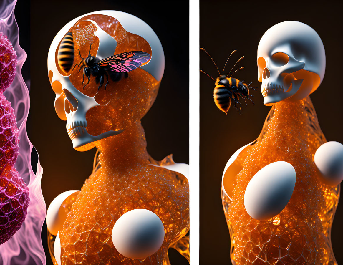 Surreal artwork: Glossy humanoid figures with skull heads, butterfly and bee motifs