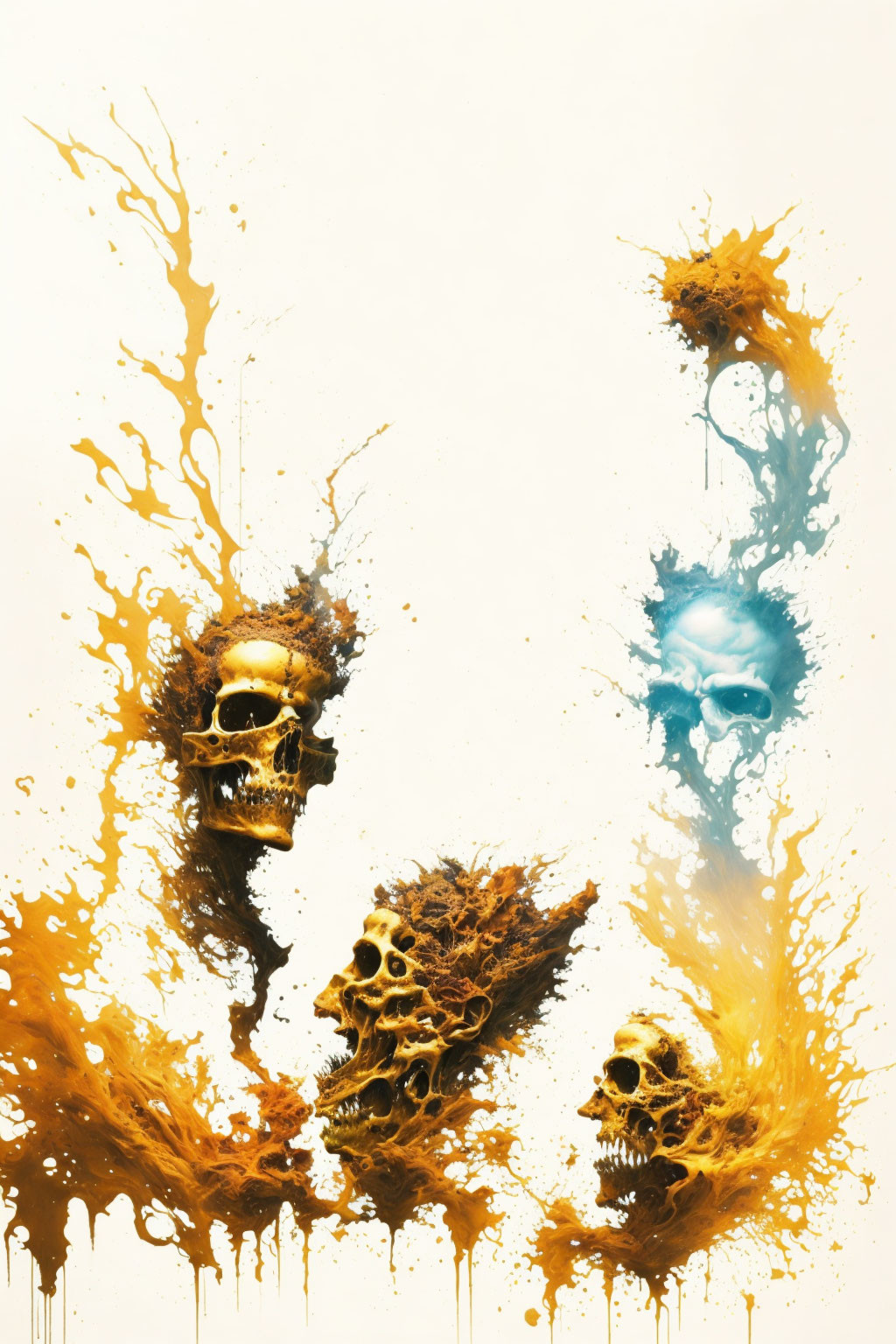 Skulls immersed in vibrant yellow paint on pale background