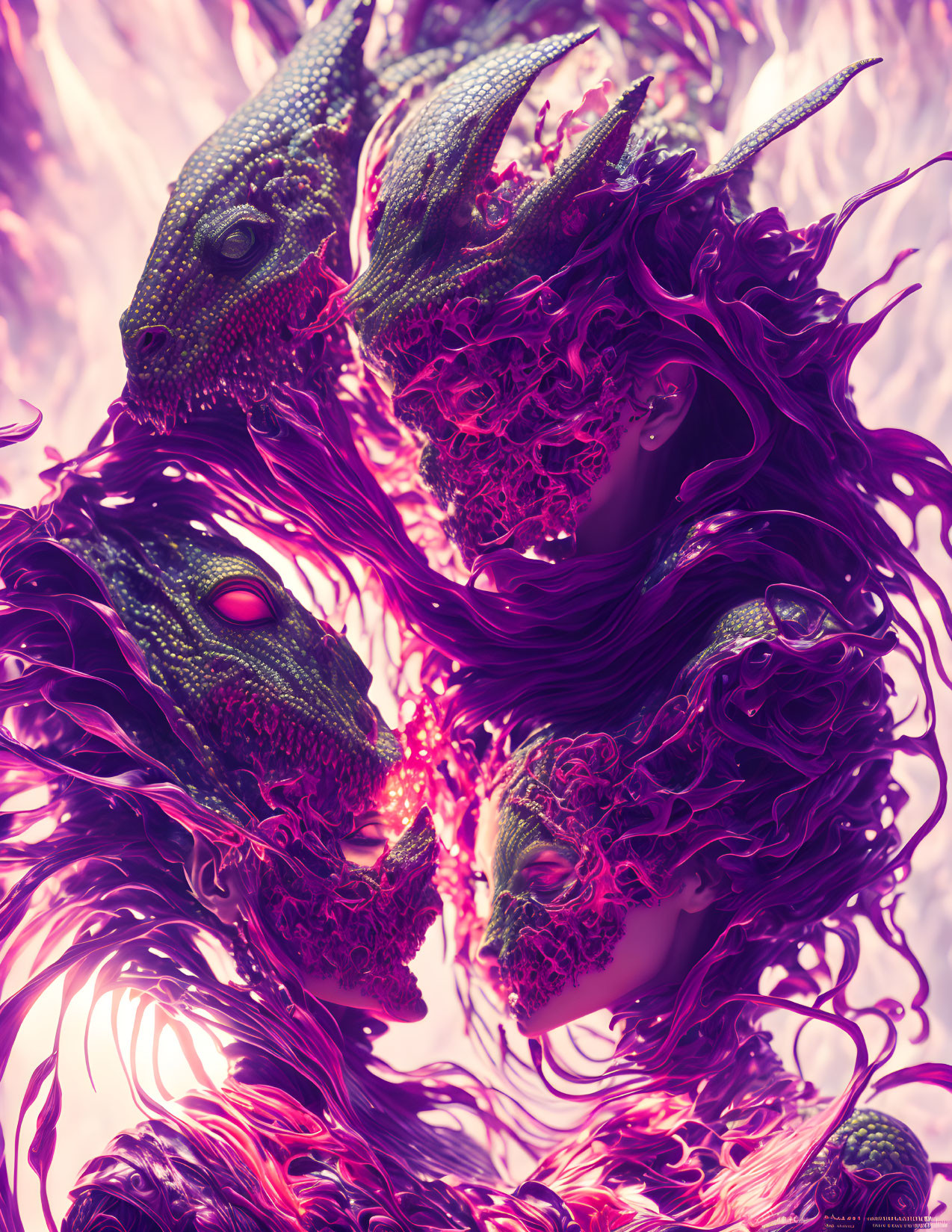 Detailed surreal digital art featuring two dragon-like creatures on a vibrant pink and purple backdrop.