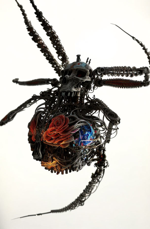 Metallic skull sculpture with tentacles, red flowers, gears, and blue light