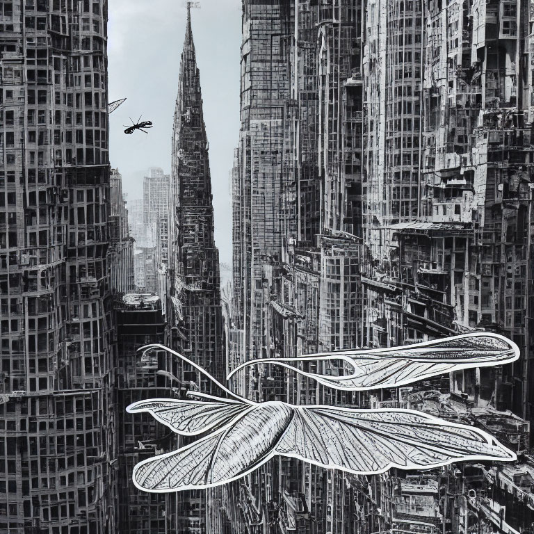 Monochrome cityscape with giant dragonfly wings and skyscrapers