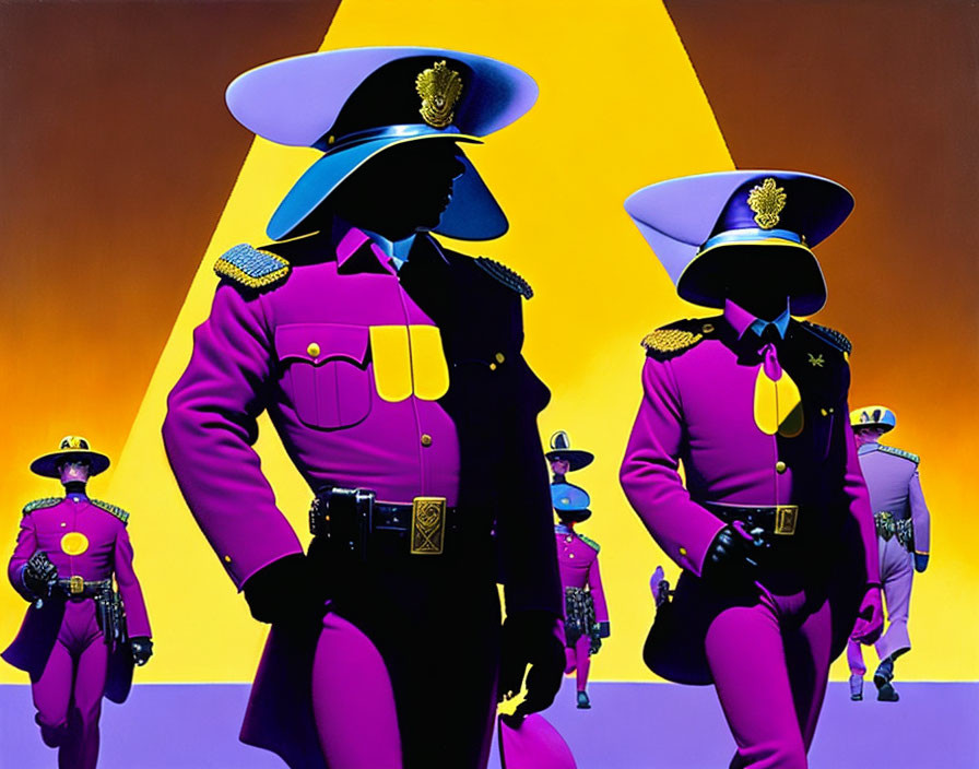 Four Vibrant Purple Uniformed Officers in Exaggerated Hats on Yellow and Orange Background