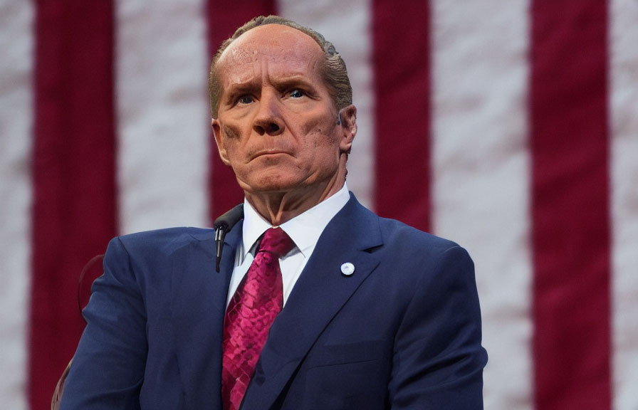 Man in suit with blue tie and pin against American flag background looks serious.