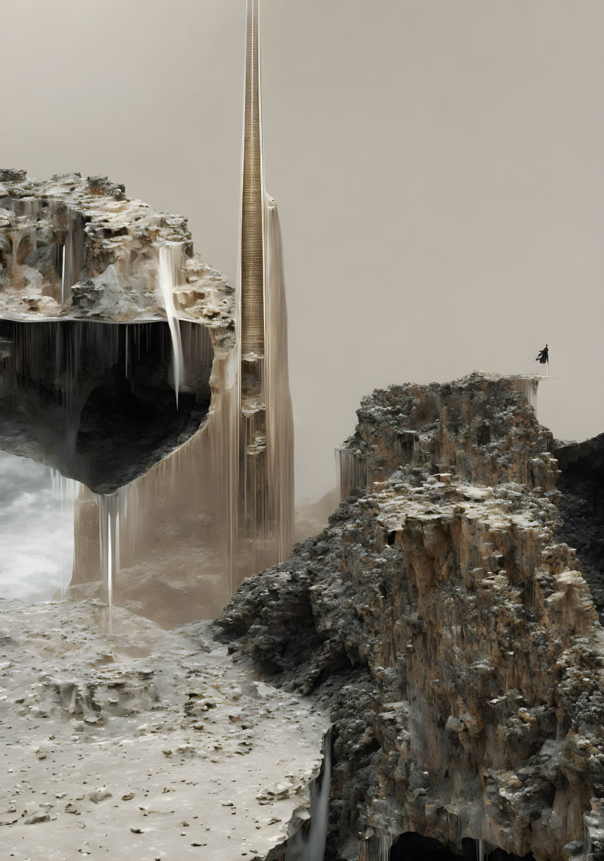 Surreal landscape with towering spire, rocky cliffs, figure, waterfalls, misty backdrop