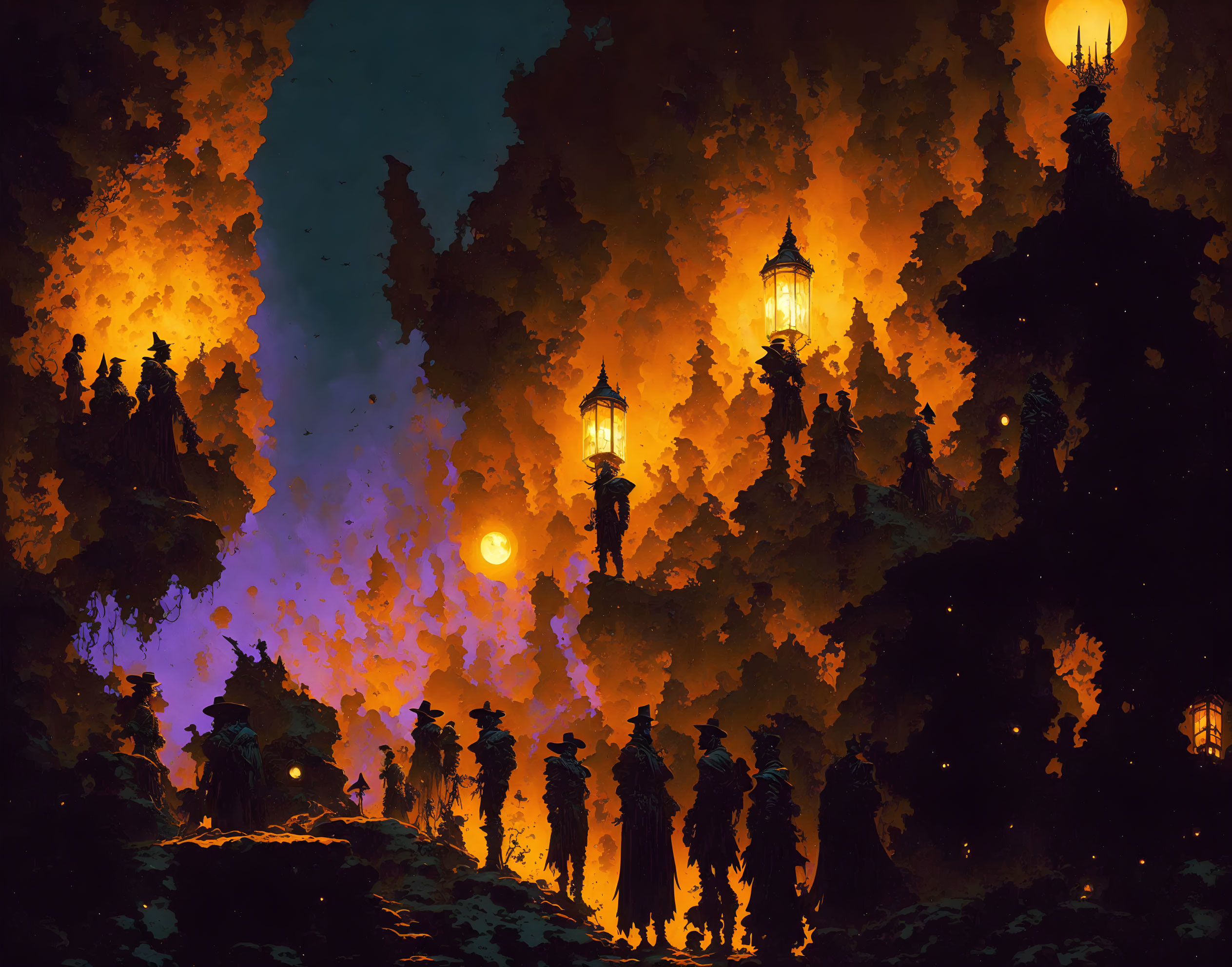 Silhouetted figures with lanterns in mystical forest at night