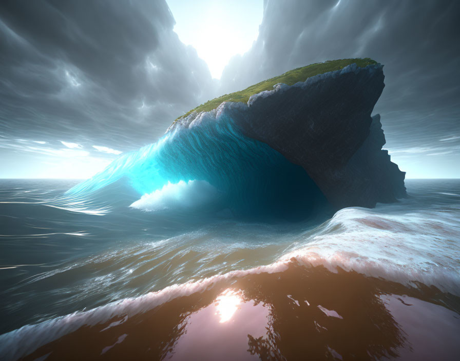 Ocean rock formation with hollow center under cloudy sky & foamy waves.