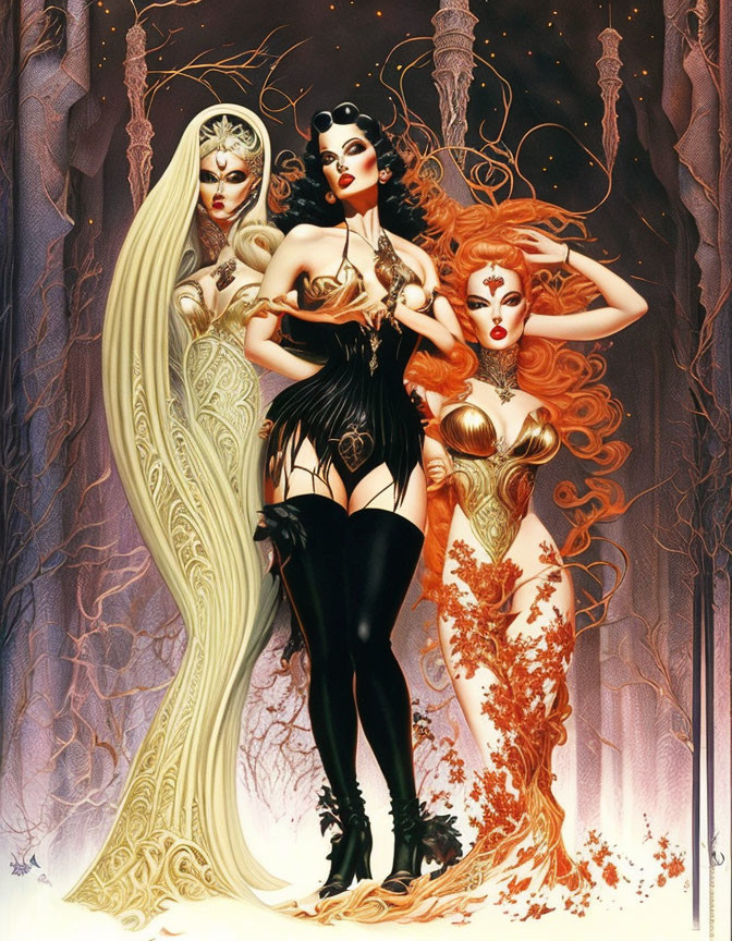 Three stylized women in elaborate costumes and hair against ornate backdrop