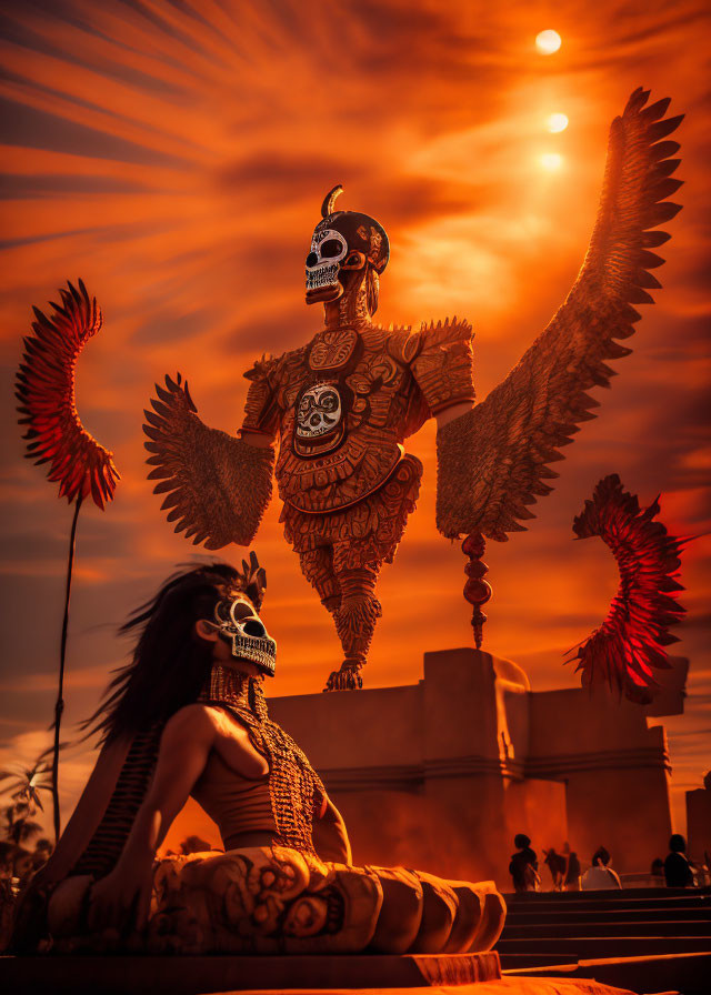 Two people in ornate skeleton costumes under fiery orange sky, one figure with outstretched wings