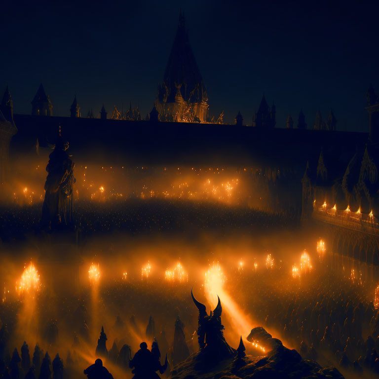 Mystical night scene: Horned figures with torches at ancient castle wall