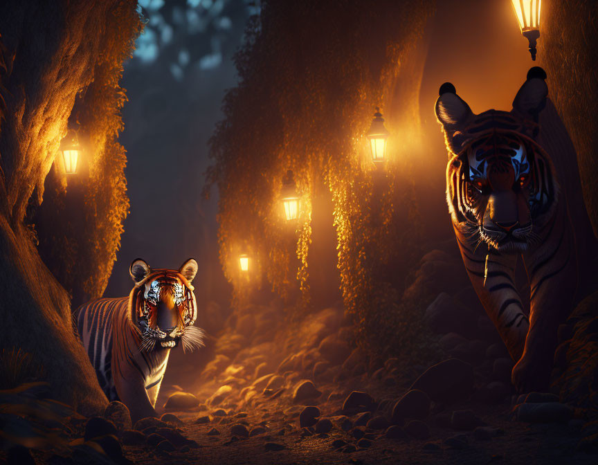 Mystical forest scene with two tigers under twilight sky