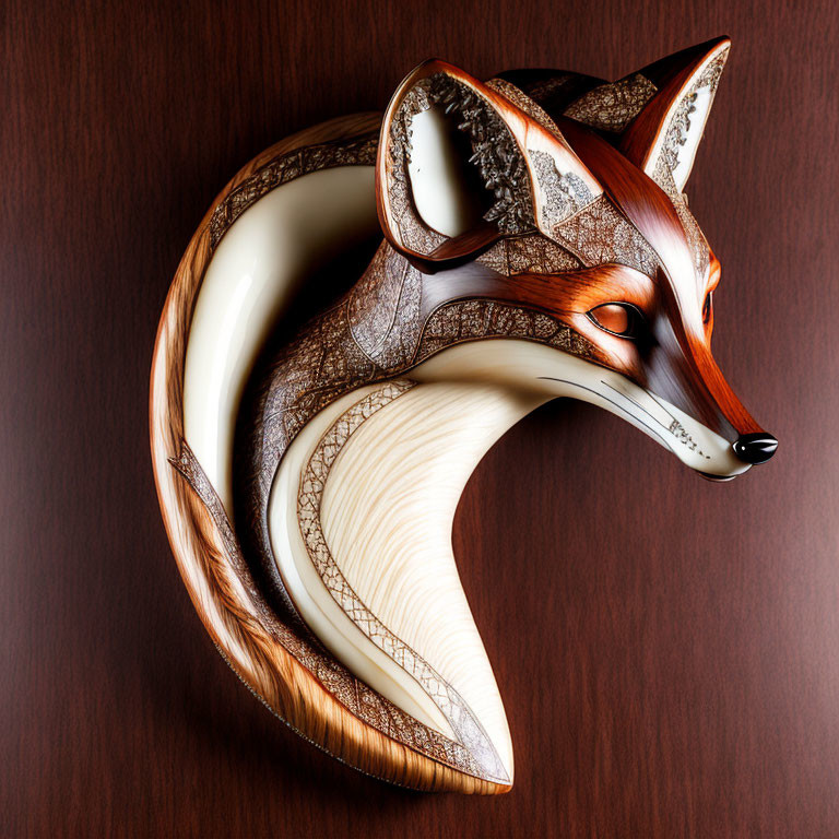 Detailed Ceramic Fox Sculpture with Swirling Brown and White Design