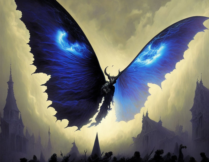 Dark dragon with blue wings over misty fantasy landscape