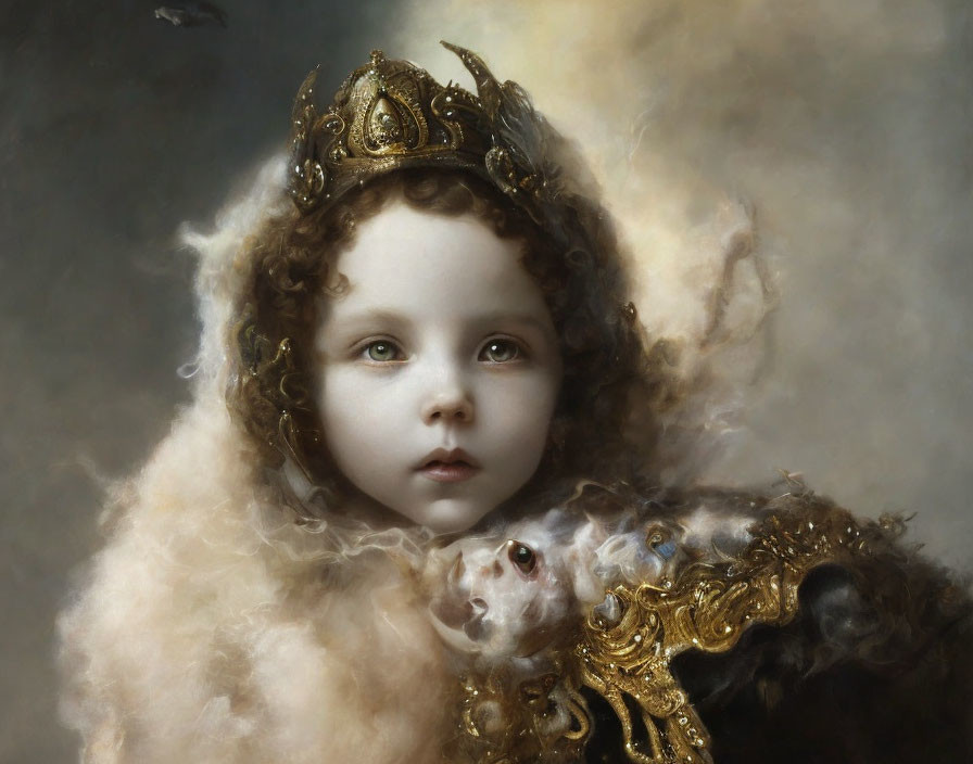 Regal child portrait in golden crown and fur-lined robes