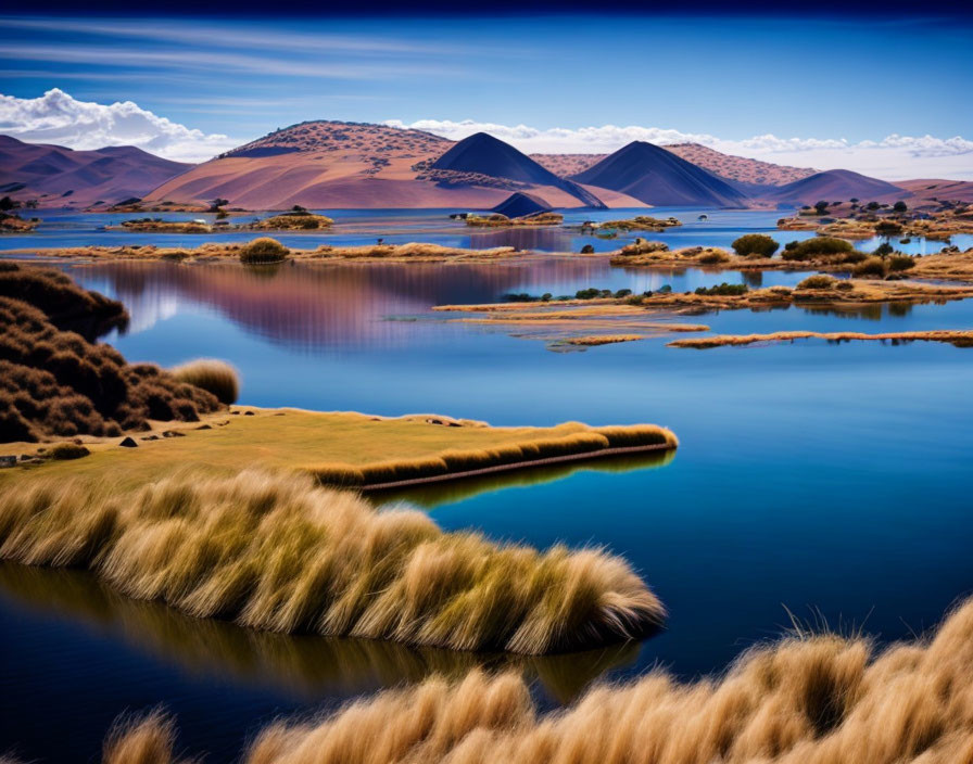 Tranquil Blue Lake, Grass Islands, Hills, and Sky