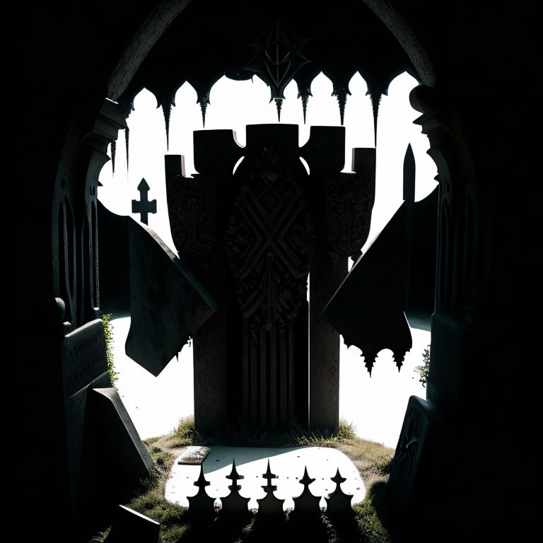 Gothic-style archway frames backlit Celtic cross in eerie cemetery setting