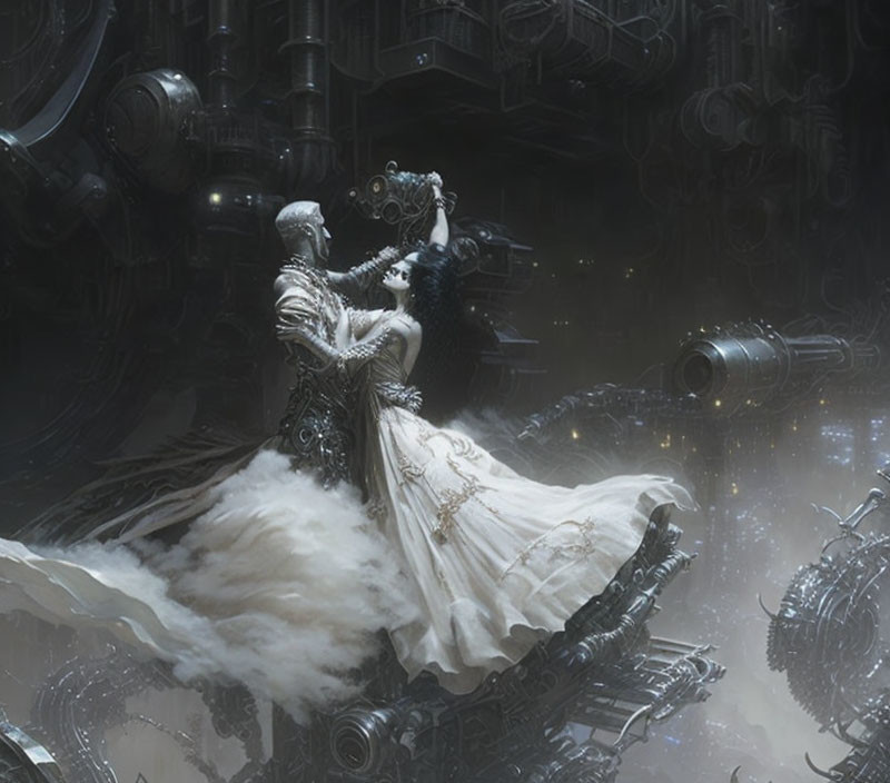 Fantastical image of woman dancing with humanoid figure in intricate mechanical setting