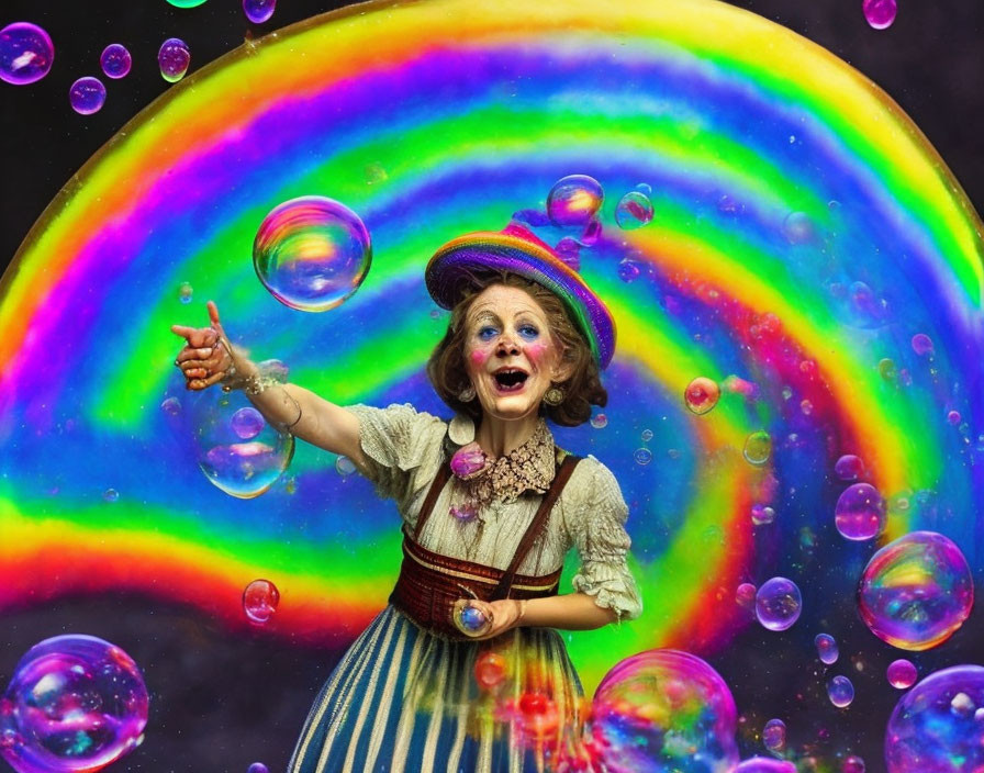 Colorful Clown Reaching for Bubbles Against Rainbow Background